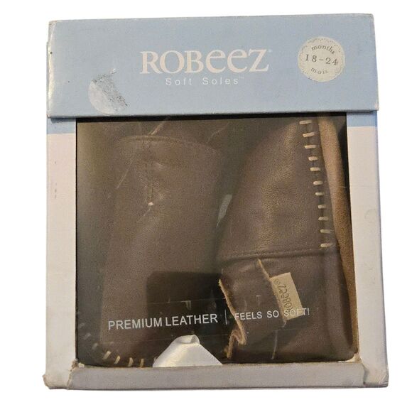 VTG Deadstock Robeez Premium Leather Baby Shoes Brown 18-24 Months - Picture 1 of 4